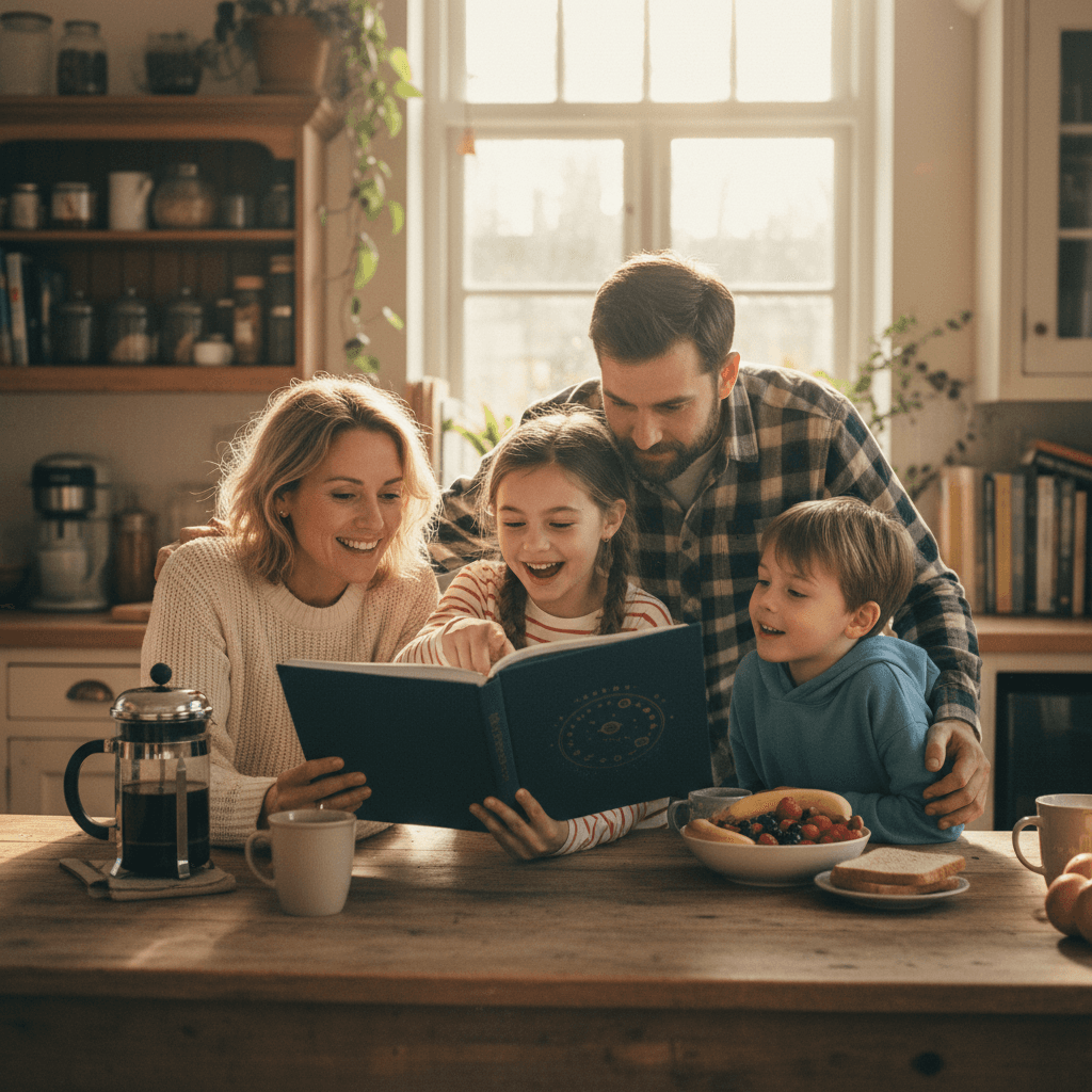 A family of four reading their Family Constellation book around a sunlit kitchen table